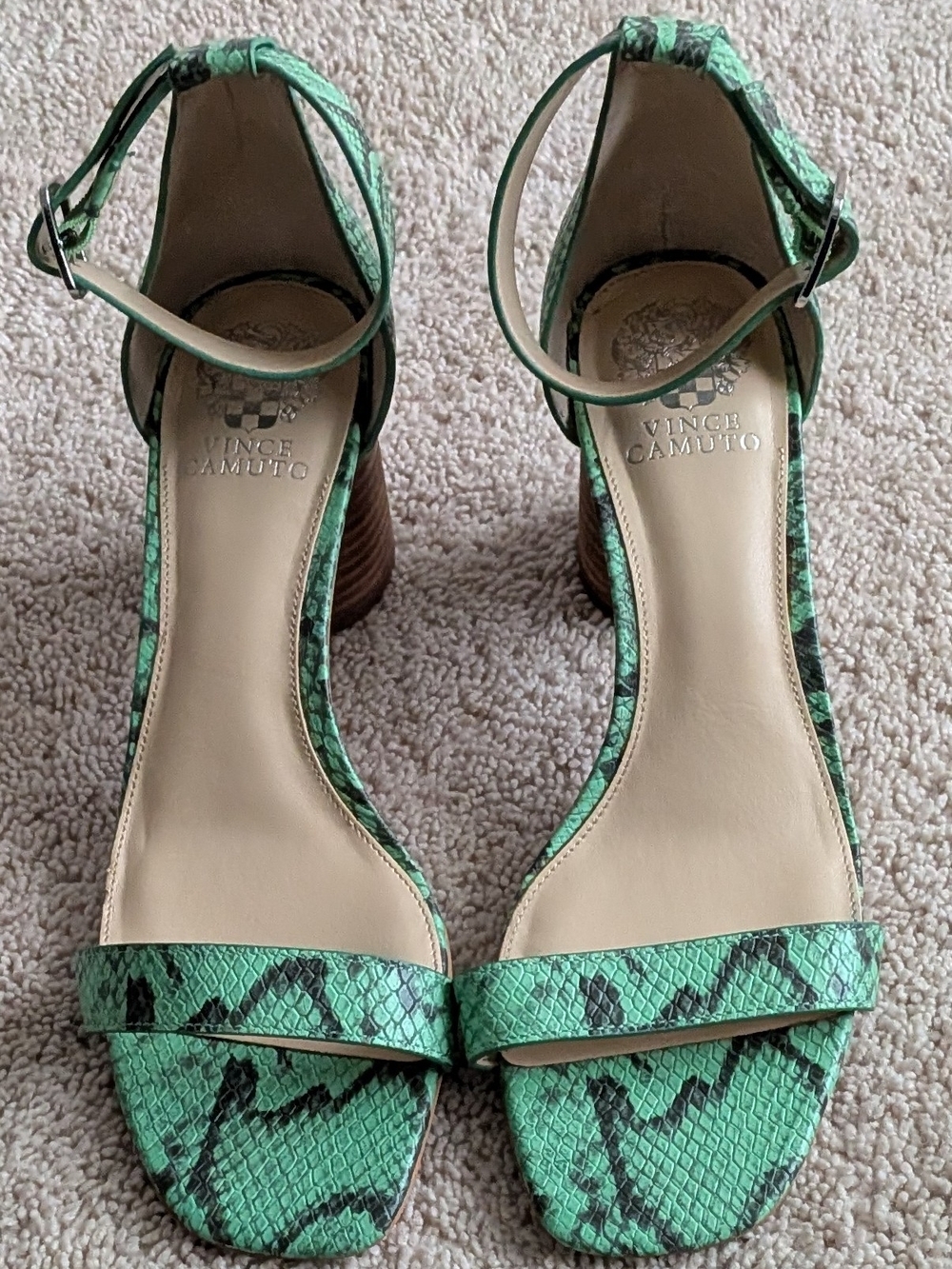 Vince Camuto Green Mejorla Leather Snake-Print Ankle Strap Heel Sandals 10W NWOB